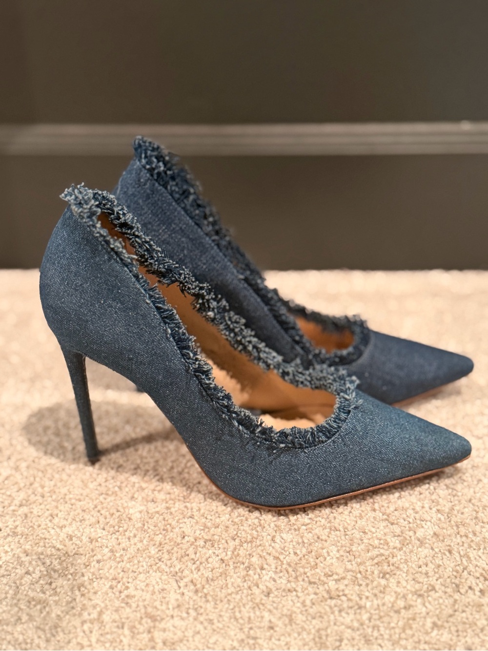 SCHUTZ Denim Frayed Pointed-Toe Stilettos - Blue